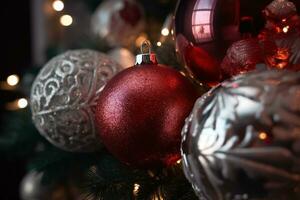 ai generiert ein schließen oben von Weihnachten Dekorationen auf ein Baum foto