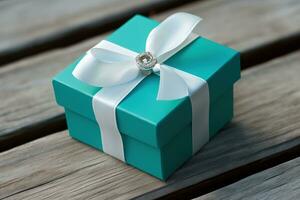 ai generiert ein Blau Geschenk Box mit ein Weiß Bogen auf oben foto