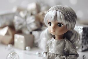ai generiert ein Puppe mit Silber Haar und ein Silber Kleid foto