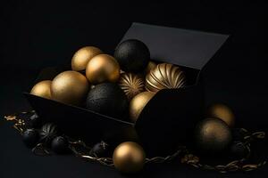 ai generiert ein schwarz Box gefüllt mit Gold und schwarz Weihnachten Bälle foto