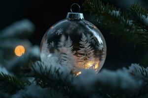 ai generiert ein klar Glas Ornament mit ein Baum auf es foto