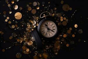 ai generiert ein Uhr und Gold Konfetti auf ein schwarz Hintergrund foto