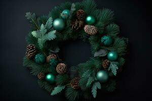 ai generiert Weihnachten Kranz mit Grün Bälle und Kiefer Zapfen auf ein dunkel Hintergrund foto