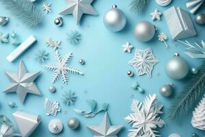 ai generiert Weihnachten Dekorationen auf ein Blau Hintergrund foto