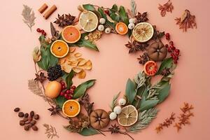 ai generiert Weihnachten Kranz mit getrocknet Früchte und Gewürze auf Rosa Hintergrund foto