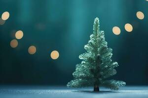 ai generiert ein klein Weihnachten Baum ist gezeigt im Vorderseite von ein Blau Hintergrund foto