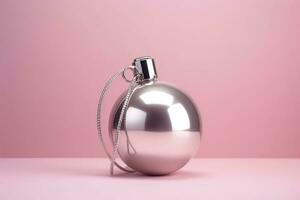 ai generiert ein Silber Bombe mit ein Kette um es auf ein Rosa Hintergrund foto