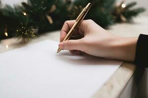 ai generiert ein Hand Schreiben ein Brief auf ein Weiß Papier mit ein Gold Stift foto