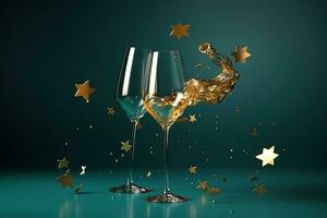 ai generiert zwei Champagner Brille mit Gold Sterne auf ein Blau Hintergrund foto