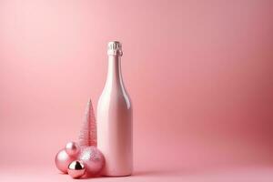 ai generiert ein Flasche von Champagner und Weihnachten Dekorationen auf ein Rosa Hintergrund foto