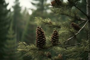 ai generiert Kiefer Zapfen auf ein Baum Ast im das Wald foto