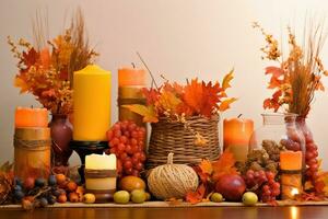ai generiert das Erntedankfest Kernstück mit Kerzen, Kürbisse, und Herbst Blätter foto