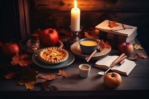 ai generiert Herbst, Apfel Kuchen, Buch, Kerze, Herbst, Herbst Blätter, Herbst, Herbst Blätter foto