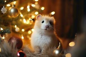 ai generiert ein Hamster Sitzung im Vorderseite von ein Weihnachten Baum foto