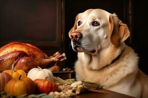 ai generiert Hund das Erntedankfest Truthahn foto