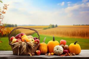 ai generiert Herbst Ernte Korb mit Äpfel und Kürbisse auf ein Tabelle im ein Feld foto