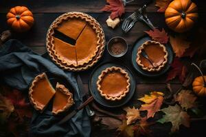 ai generiert Kürbis Kuchen mit Kürbis und Blätter auf ein hölzern Tabelle foto