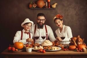 ai generiert ein Familie posieren zum ein Foto mit Wein und Essen