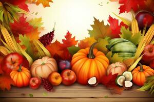 ai generiert das Erntedankfest Hintergrund mit Herbst Früchte und Gemüse foto