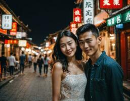 ai generiert Foto von Senior asiatisch Frau während schwer Regen und Flut auf Straße beim Chinatown Straße beim Nacht, generativ ai