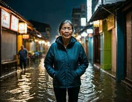 ai generiert Foto von Senior asiatisch Frau während schwer Regen und Flut auf Straße beim Chinatown Straße beim Nacht, generativ ai