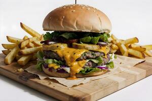ai generiert Käse Burger mit Fritten im hölzern Schneiden Tafel ai generativ foto