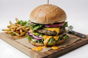 ai generiert Käse Burger mit Fritten im hölzern Schneiden Tafel ai generativ foto