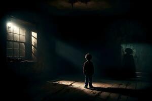 ai generiert dunkel Silhouette von Kind im unheimlich Zimmer ai generativ foto