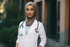ai generiert jung Muslim Frau Arzt im Weiß Mantel mit Stethoskop foto