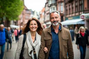 ai generiert Senior Tourist Paar lächelnd auf das Straße während nehmen ein gehen im das Stadt Center foto