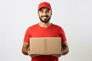 ai generiert Lieferung Mann im rot halten Karton Box isoliert auf ein Weiß Hintergrund foto