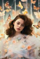 ai generiert ein Frau Stehen im Vorderseite von Schmetterlinge im ein Zimmer foto