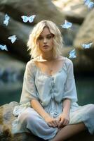 ai generiert schön Frau Sitzung auf ein Felsen mit Schmetterlinge fliegend um ihr foto