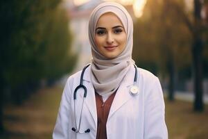 ai generiert jung Muslim Frau Arzt im Weiß Mantel mit Stethoskop foto
