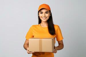 ai generiert schön Frau im ein Orange Hemd halten Karton Kasten, Lieferung Bedienung foto