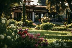 ai generiert ein Haus mit ein Garten und Blumen im Vorderseite von es foto