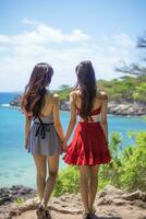 ai generiert zwei japanisch Frauen im Kleider Stehen auf das Strand foto