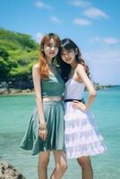 ai generiert zwei japanisch Frauen im Kleider Stehen auf das Strand foto