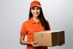 ai generiert schön Frau im ein Orange Hemd halten Karton Kasten, Lieferung Bedienung foto