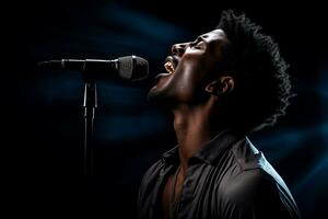 schwarz männlich Sänger Singen mit Mikrofon im Vorderseite von dunkel Hintergrund Bokeh Stil Hintergrund foto
