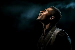 schwarz männlich Sänger Singen im Vorderseite von dunkel Hintergrund Bokeh Stil Hintergrund foto