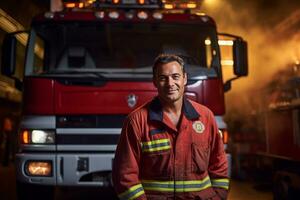 ai generiert Porträt von männlich Feuerwehrmann lächelnd im Vorderseite von Feuer LKW Bokeh Stil Hintergrund foto