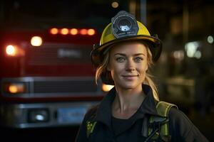 ai generiert Porträt von weiblich Feuerwehrmann lächelnd im Vorderseite von Feuer LKW Bokeh Stil Hintergrund foto