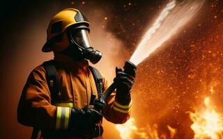 ai generiert Feuerwehrmann im das Feuer Gebäude Feuer Löschen Feuerwehrleute sprühen Wasser auf Feuer Helden speichern Andere Leben foto