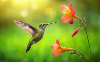ai generiert summend Vögel saugen Nektar von Blume Pollen verschwommen Bokeh Hintergrund Natur Grün foto