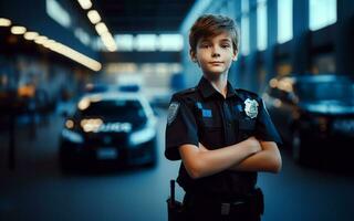 ai generiert 10 Jahr alt Junge tragen Polizei Uniform Polizei Bahnhof Hintergrund Kinder- Zukunft Werdegang Ideen foto