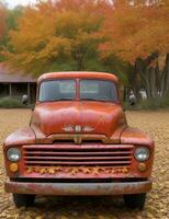 ai generiert verlassen Jahrgang LKW umgeben durch rostig Herbst Laub foto