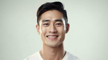 ai generiert ein Süd-Ost asiatisch Mann lächelnd mit makellos glühend Haut mit Kopieren Raum isoliert auf das Weiß Hintergrund foto
