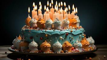ai generiert Geburtstag Kuchen mit bunt Kerzen. erstellt mit generativ ai foto