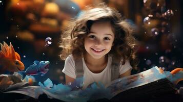 neugierig Kind vertieft im Buch entdecken unter Wasser Fantasie. ai generativ foto